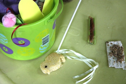 Easter bucket, cornbread peep, celery with pnut butter, matzoh with harosset Easter bucket, cornbread peep, celery with pnut butter, matzoh with harosset